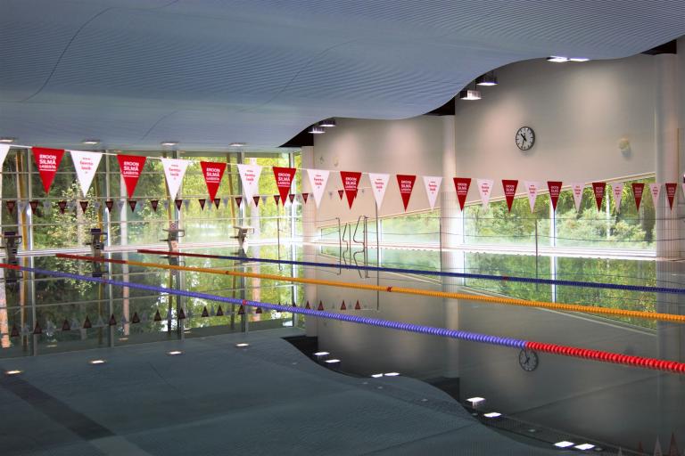 Uima-alllas, jonka päällä on lippuviirejä.